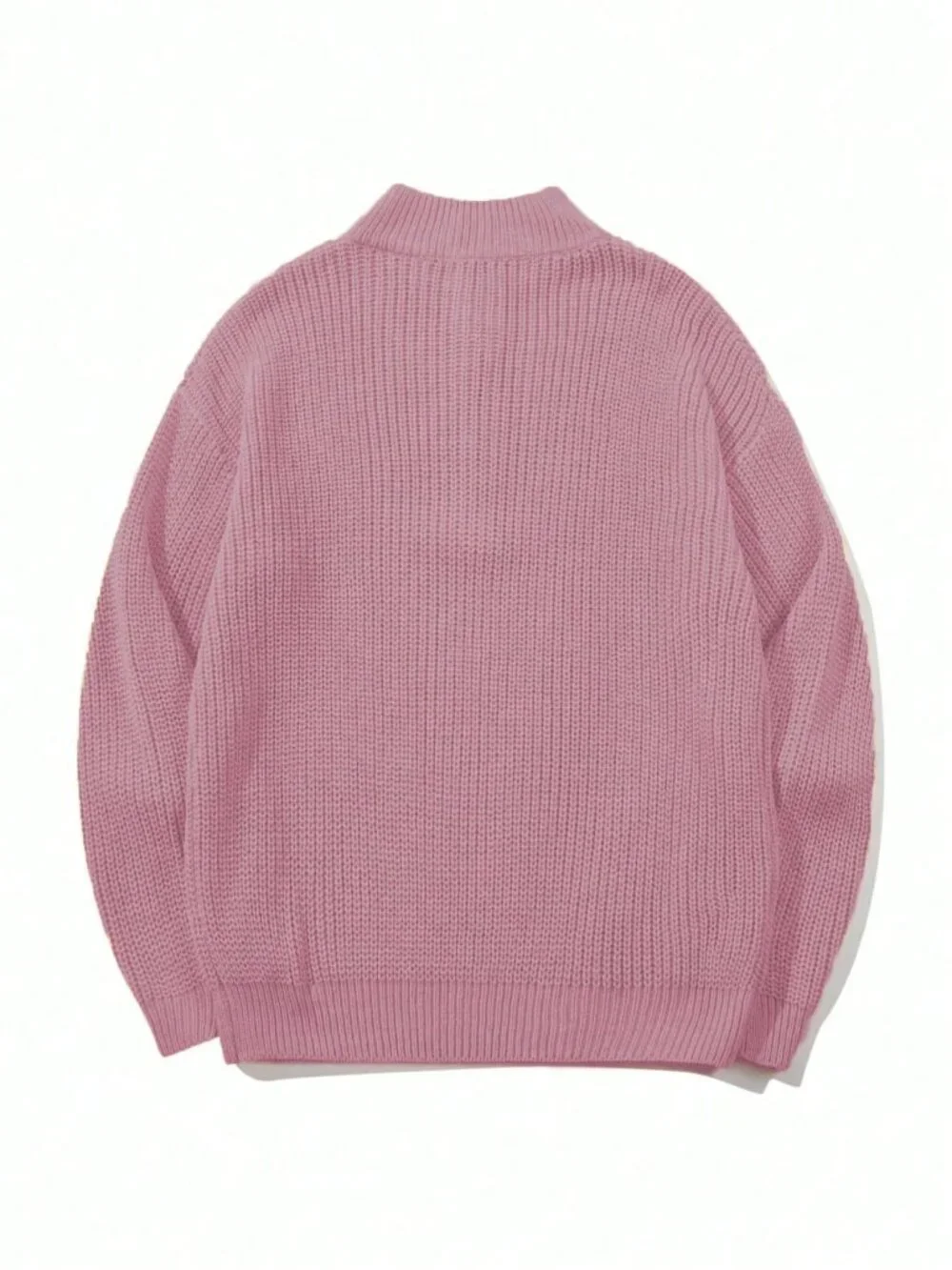 Light Pink Casual Womens Ribbed Loose Stand Collar Half-Placket Pullover Sweater